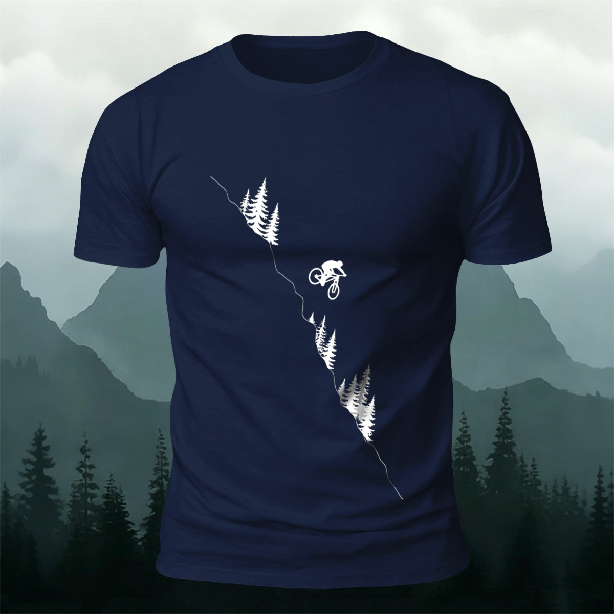 Mountain and Forest Cycling Silhouette Print  Cotton Outdoor T-Shirt