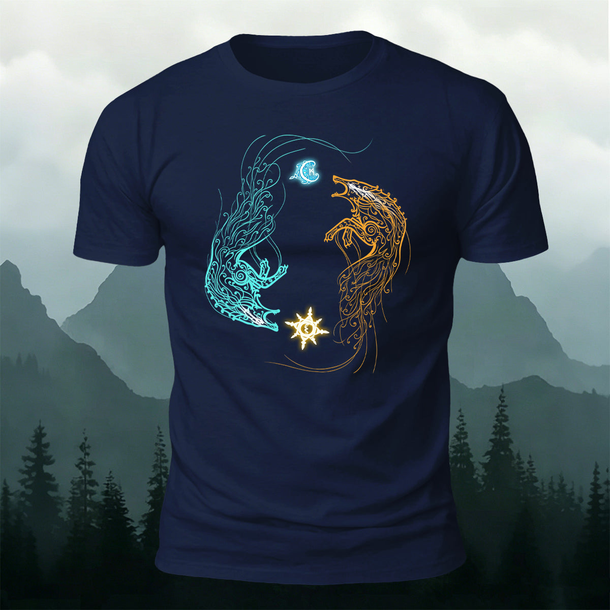 Sun and Moon Chasing Totem Print Versatile  Cotton Tee