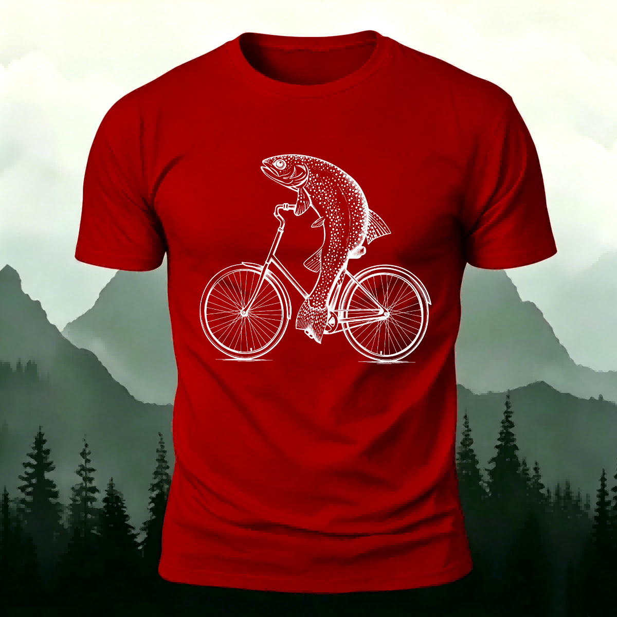 Fish Riding Bicycle Fun Pattern Cotton Casual T-Shirt Red