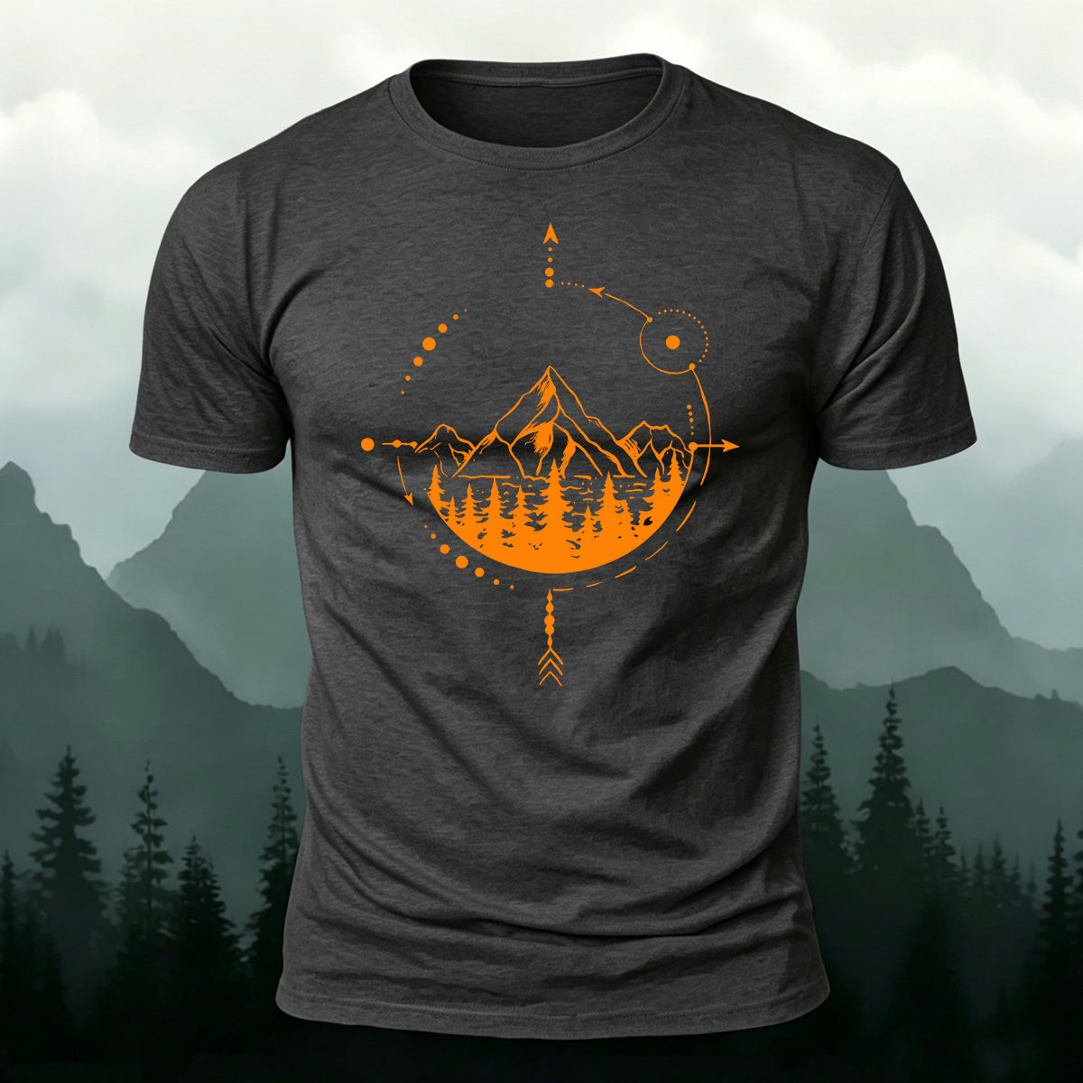 Mountain and Forest Print Combed Cotton Casual T-Shirt