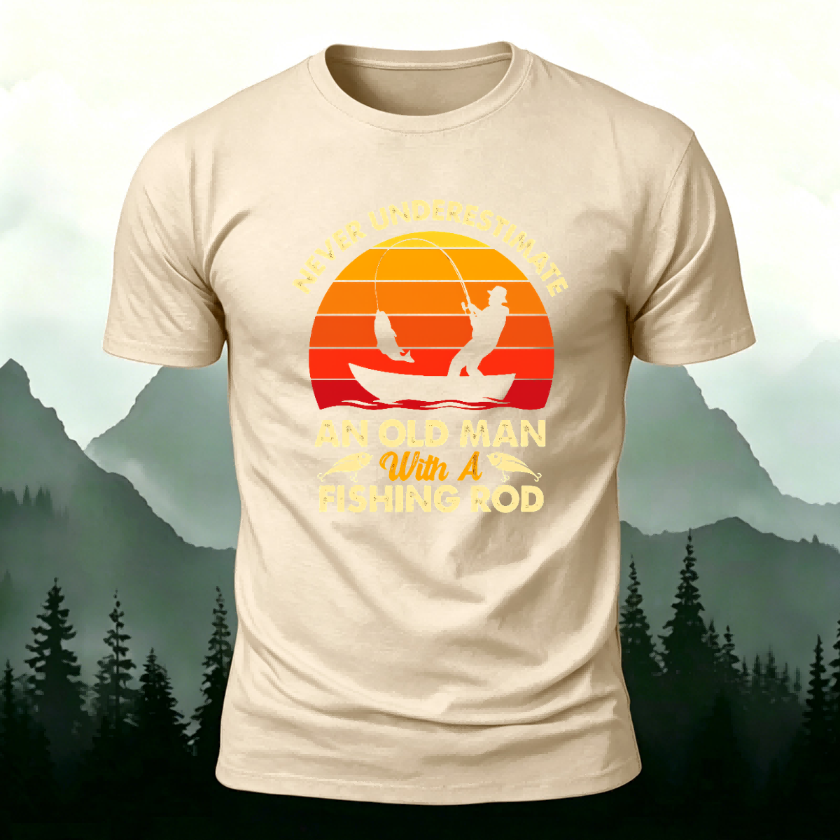 Enjoying Fishing Pattern Casual Daily Cotton T-shirt Beige