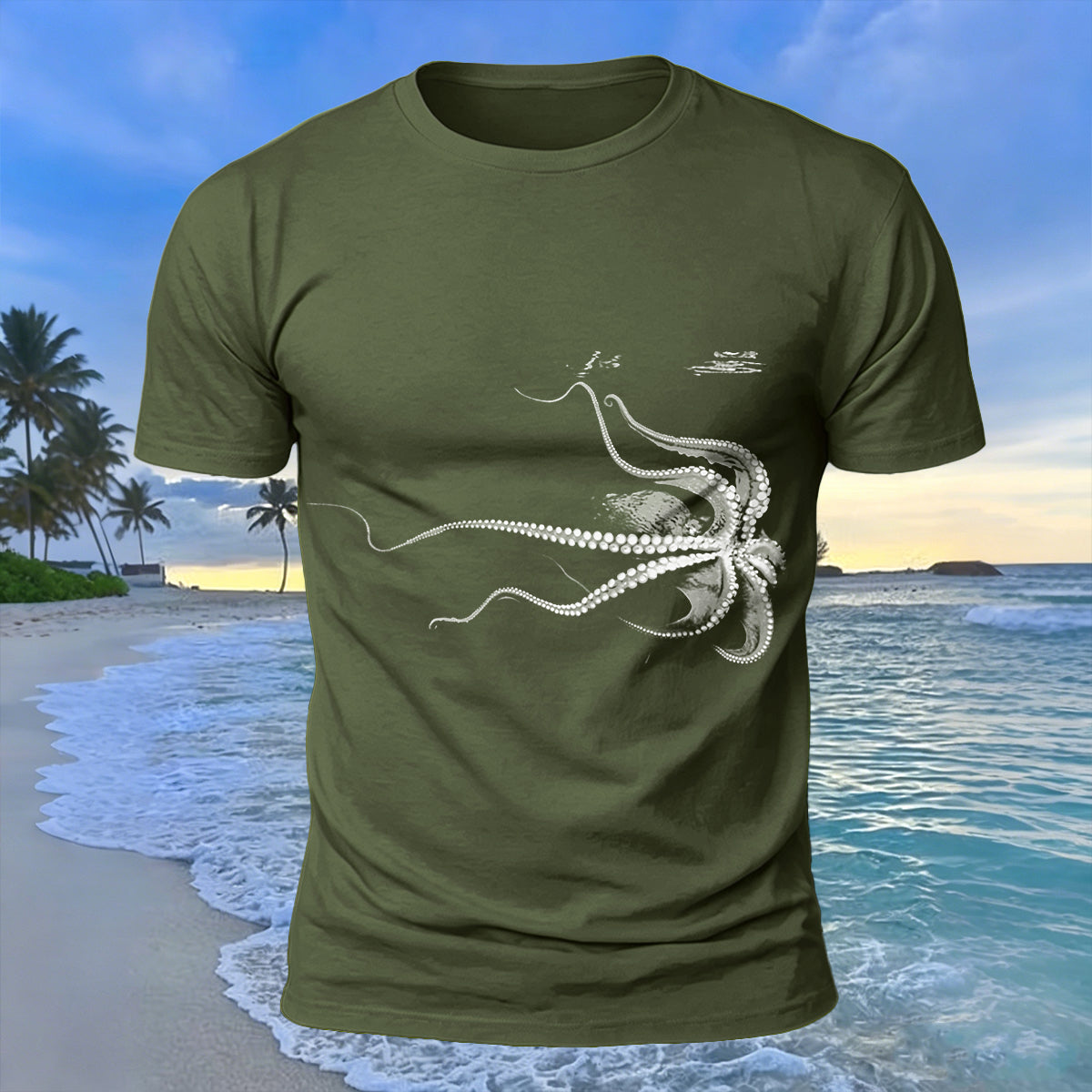 Octopus Silhouette Print Casual Cotton T-Shirt