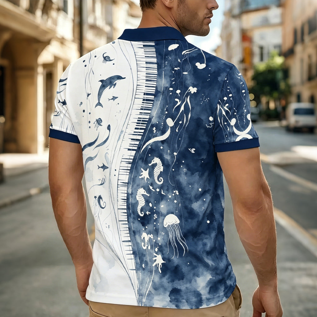 Blue and White Marine-Print Slim-Fit Polo Shirt