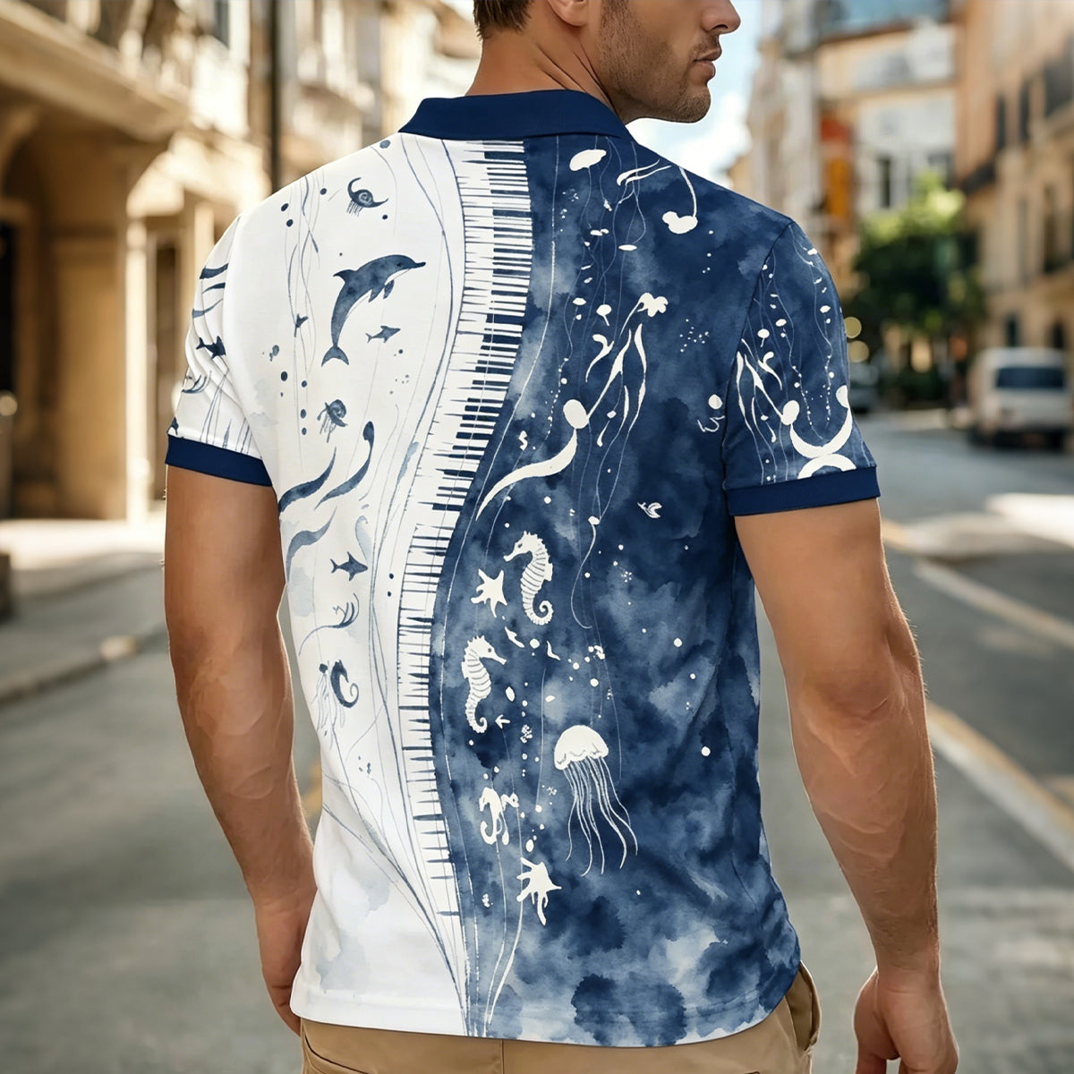 Blue and White Marine-Print Slim-Fit Polo Shirt