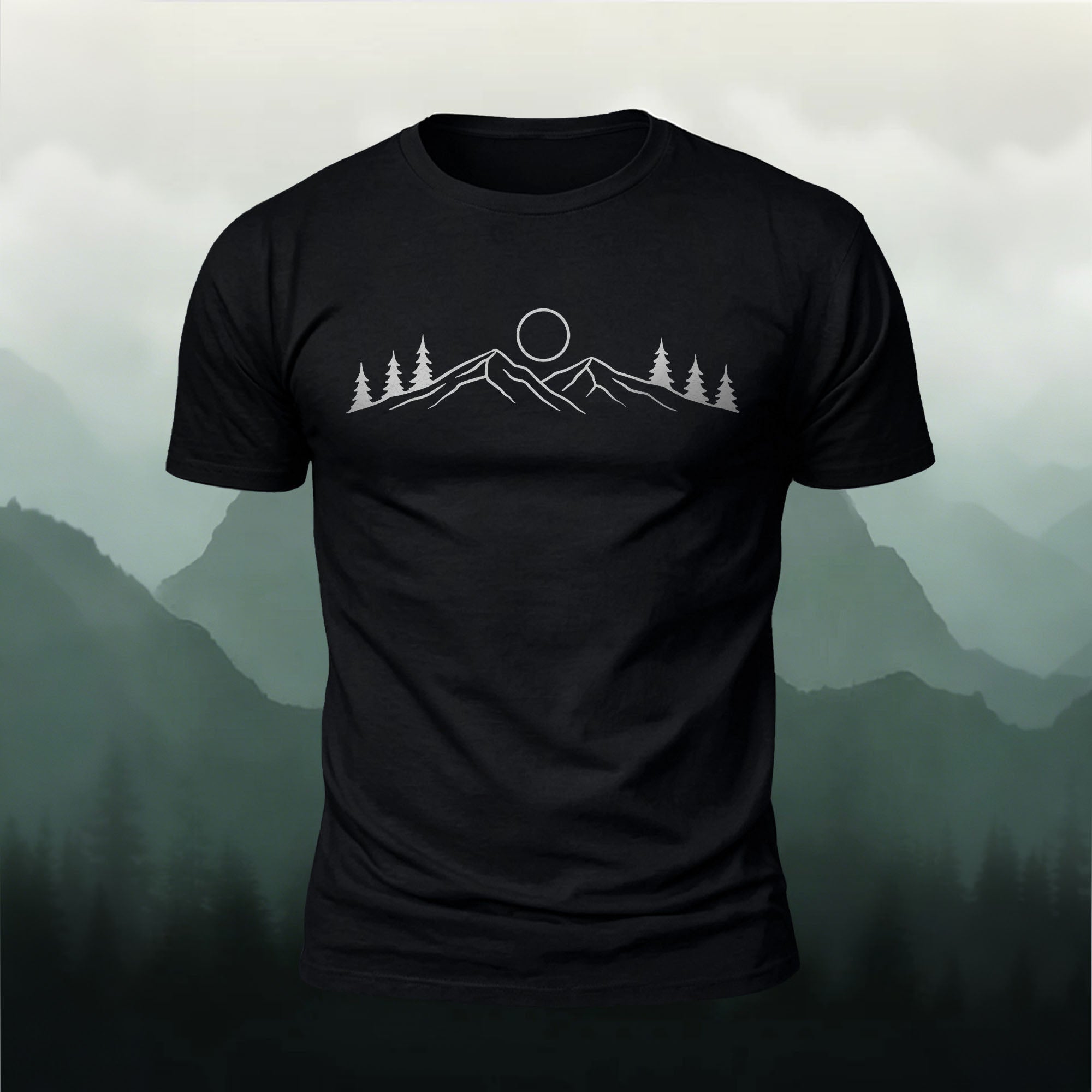 Sunrise Mountain Forest Print Casual T-Shirt