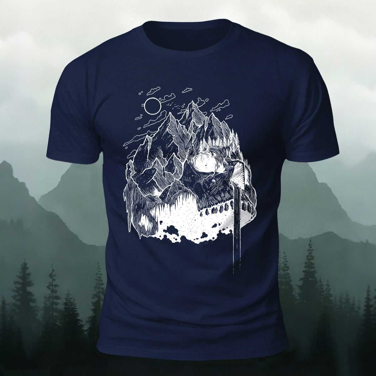 Creative Mountain-Shaped Skull Skin-Friendly T-Shirt Navy