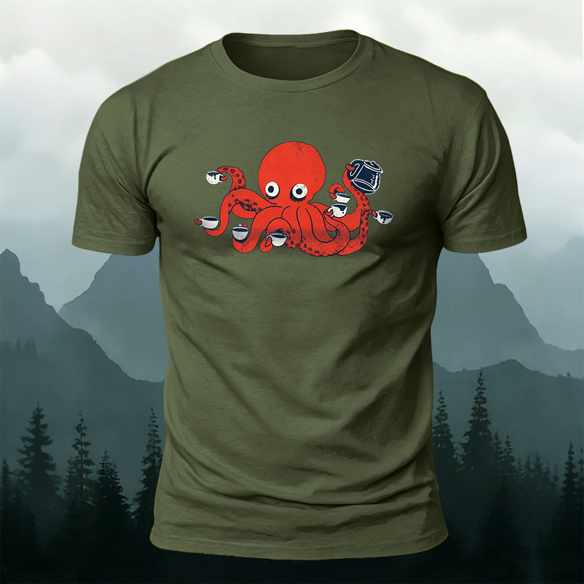 Cartoon Red Octopus Eating Print Comfortable Cotton Tee