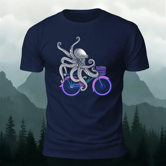 Octopus Cycling Fun Print Cotton Casual T-Shirt Navy