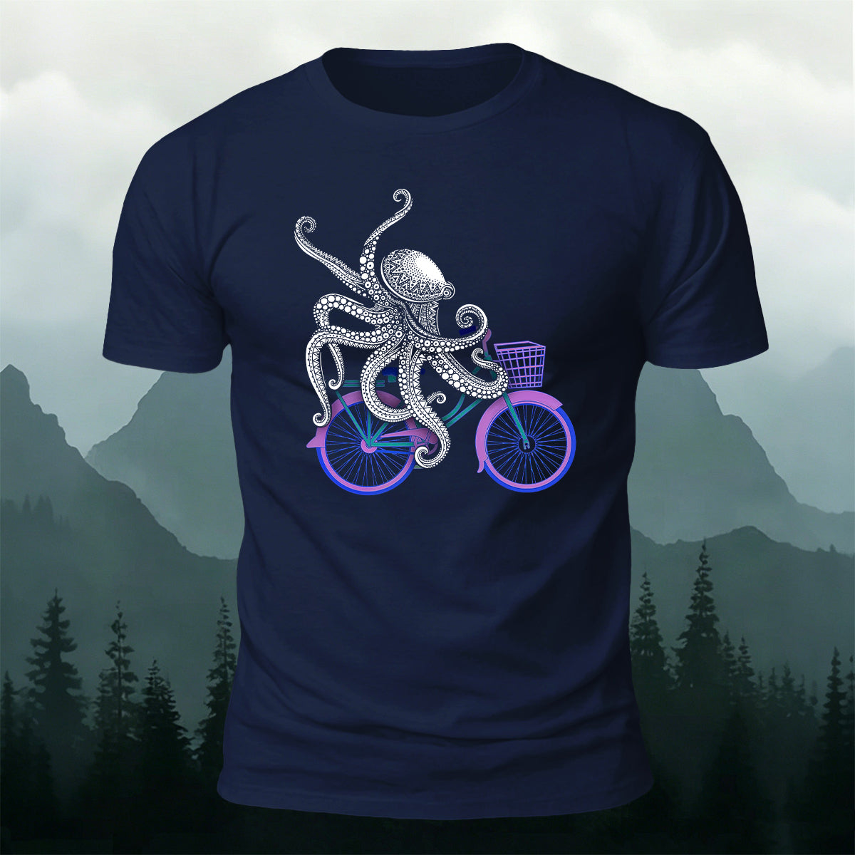 Octopus Cycling Fun Print Cotton Casual T-Shirt Navy