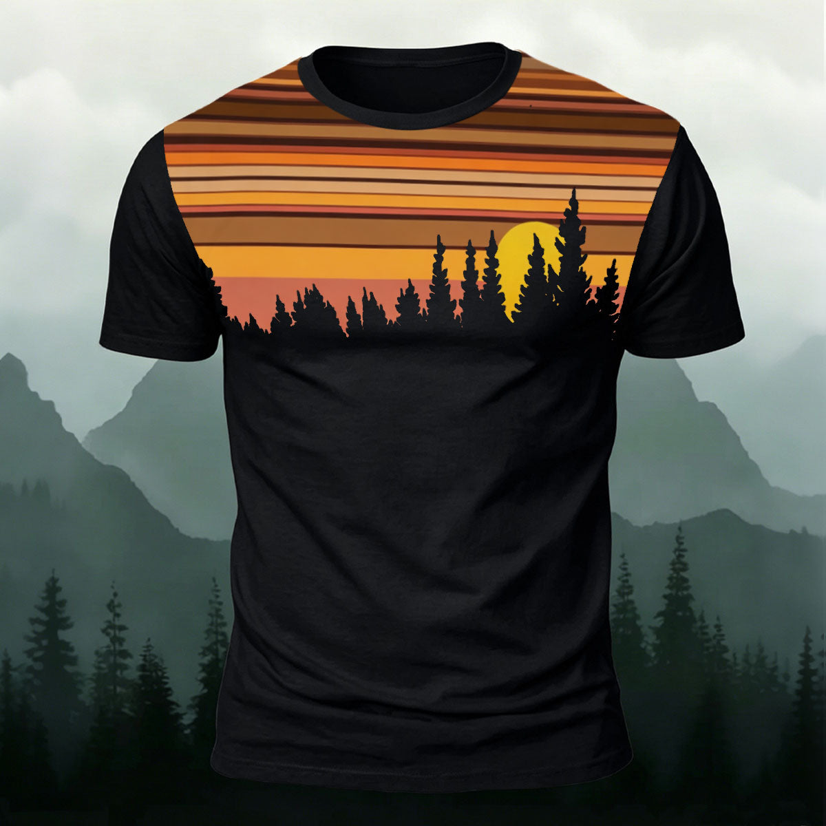 Sunset Scenery Printed Mountain-style Cotton T-Shirt Black
