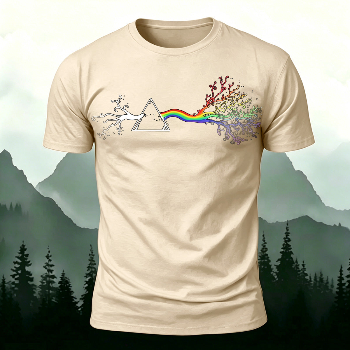 Colorful Tree Print Premium Cotton Round Neck T-Shirt Beige