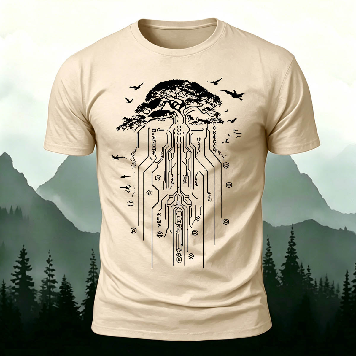 Line Tree Root Casual Skin-Friendly T-Shirt