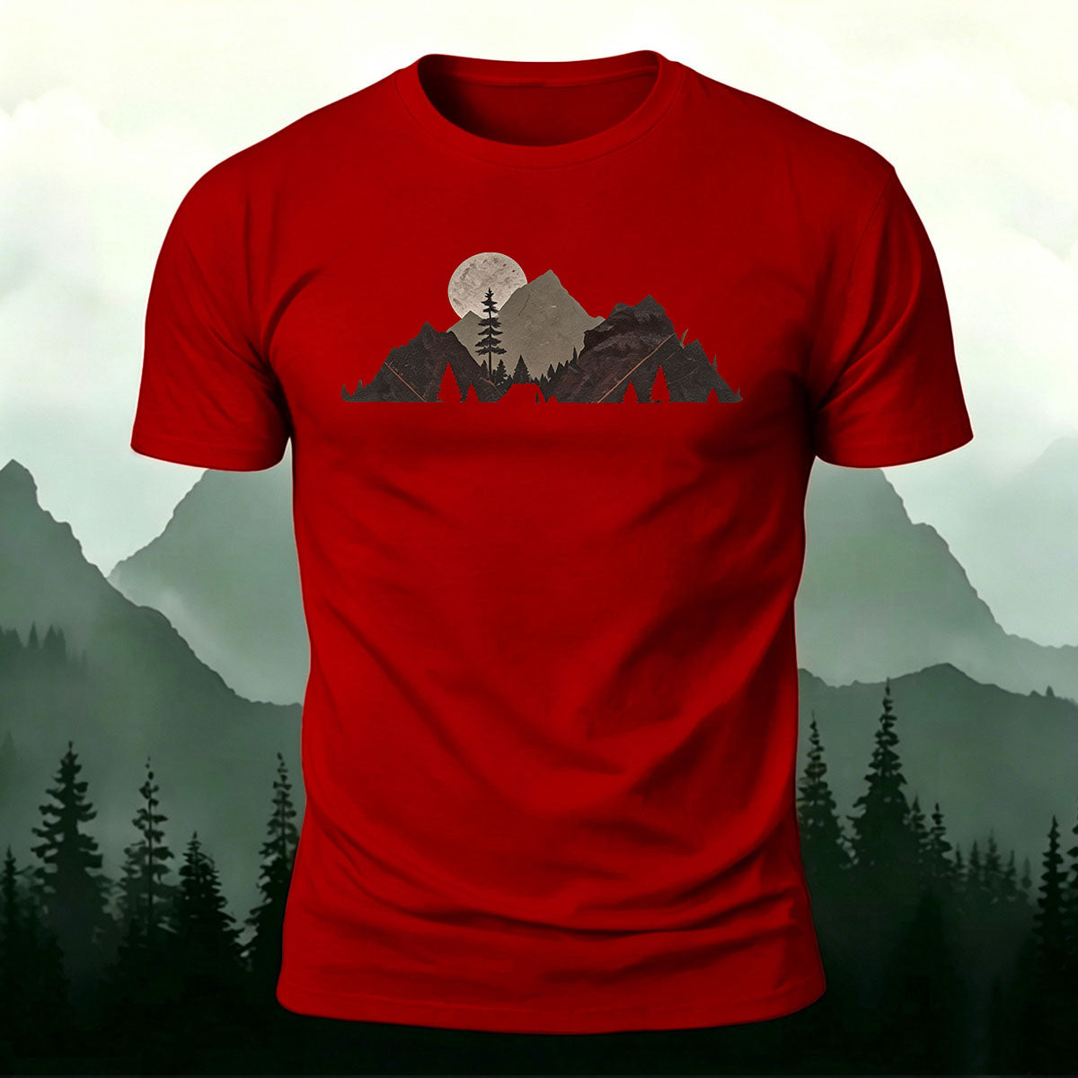 Mountain Landscape Pattern Natural Style Casual T-Shirt Red