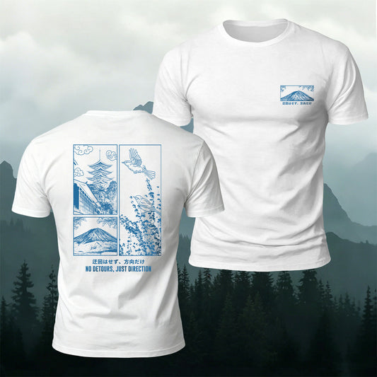 Soft Cotton Patchwork Print of Japanese Scenery Casual Tee