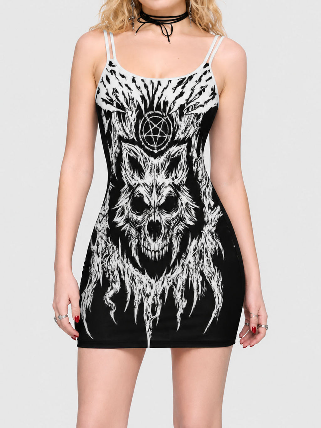 Trendy Gothic Skull-Print Spaghetti-Strap Dress