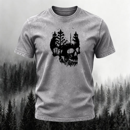 Washed Cotton Dark Skull Print Casual T-Shirt