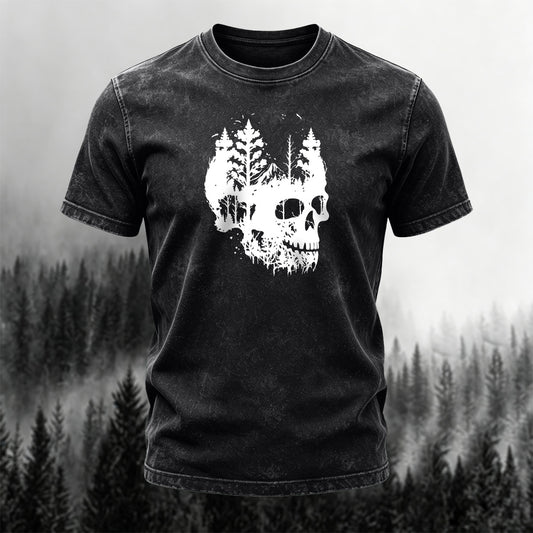 Washed Cotton Dark Skull Print Casual T-Shirt