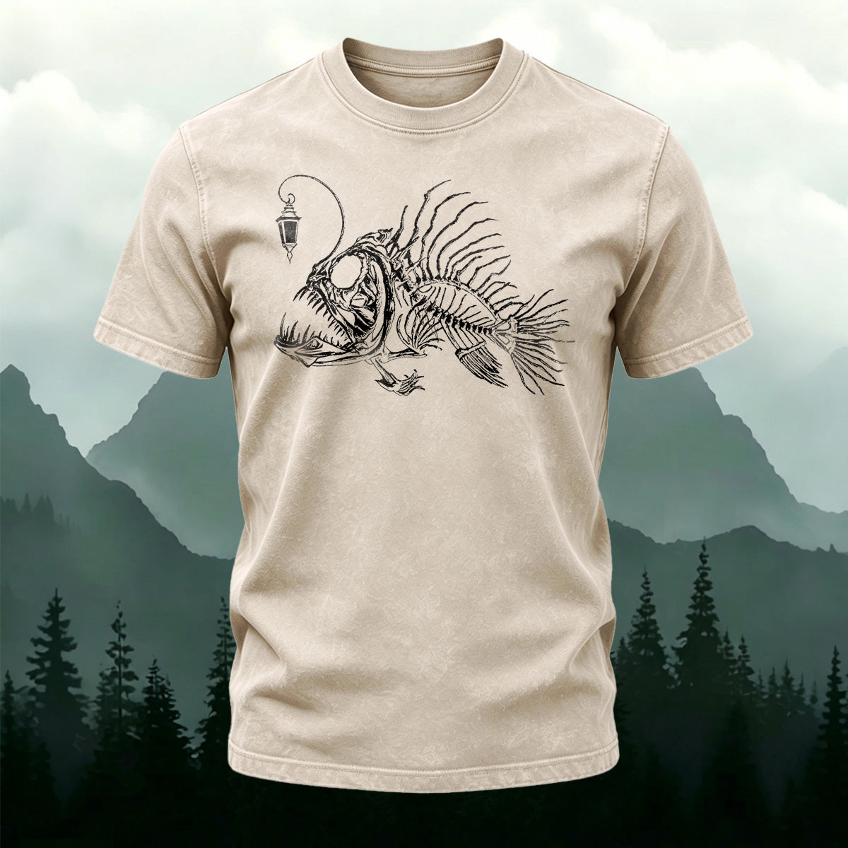 Lanternfish Pattern Streetwear Washed Cotton T-Shirt