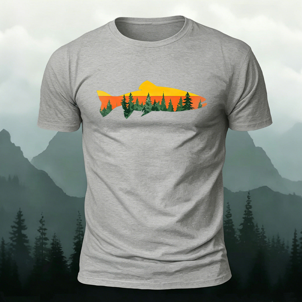 Fish Forest Printed 100% Cotton T-Shirt Grey
