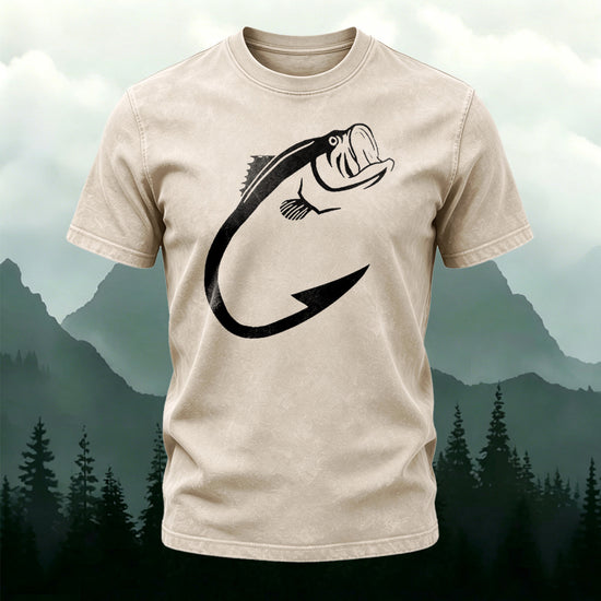 Minimalist Fish Pattern Outdoor Casual Washed Cotton T-Shirt Apricot