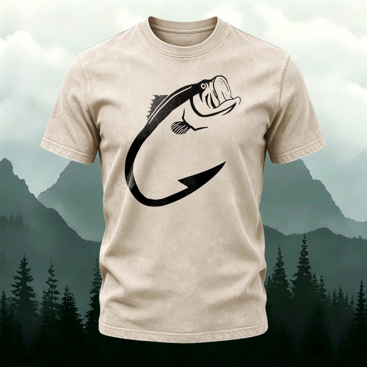 Minimalist Fish Pattern Outdoor Casual Washed Cotton T-Shirt Apricot