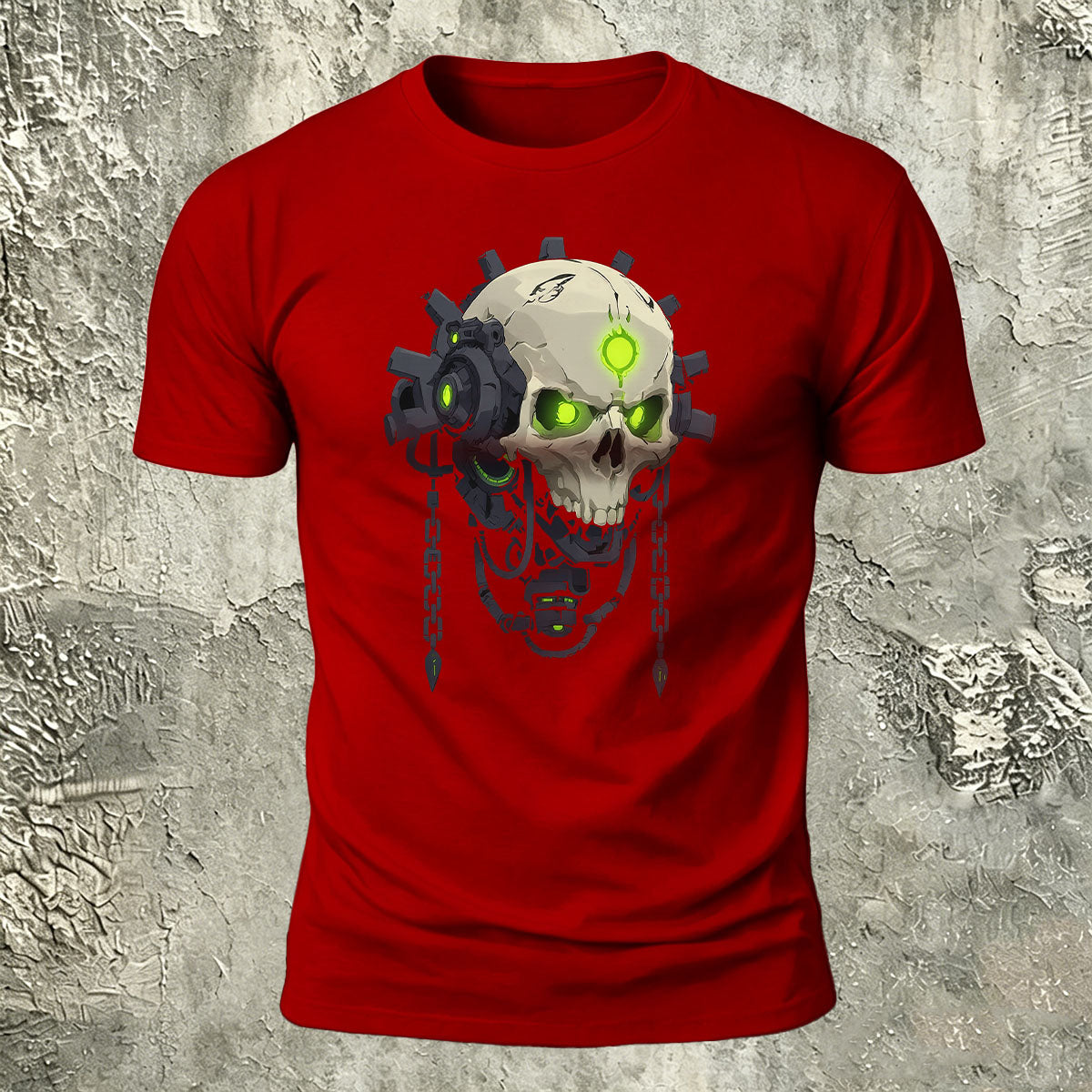 Mechanical Skull Print Cotton Crew Neck T-Shirt