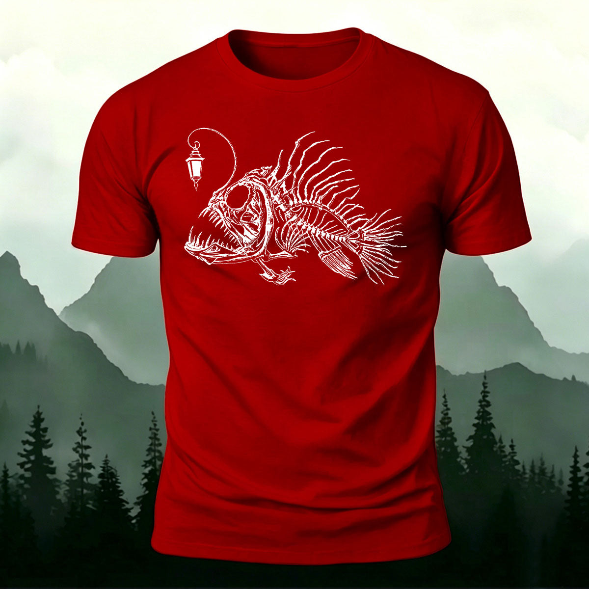 Underwater Fishbone Pattern Cotton Casual T-Shirt Red