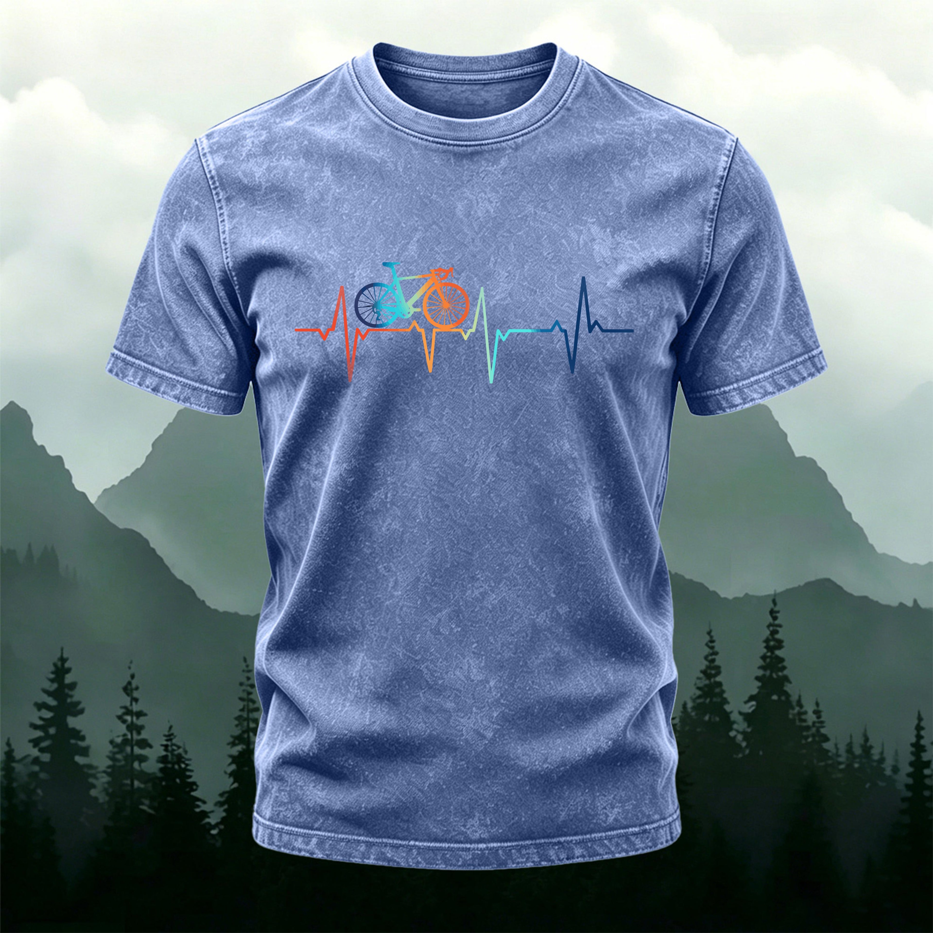Cycling-themed Colorful ECG Wave Print Washed Cotton T-Shirt