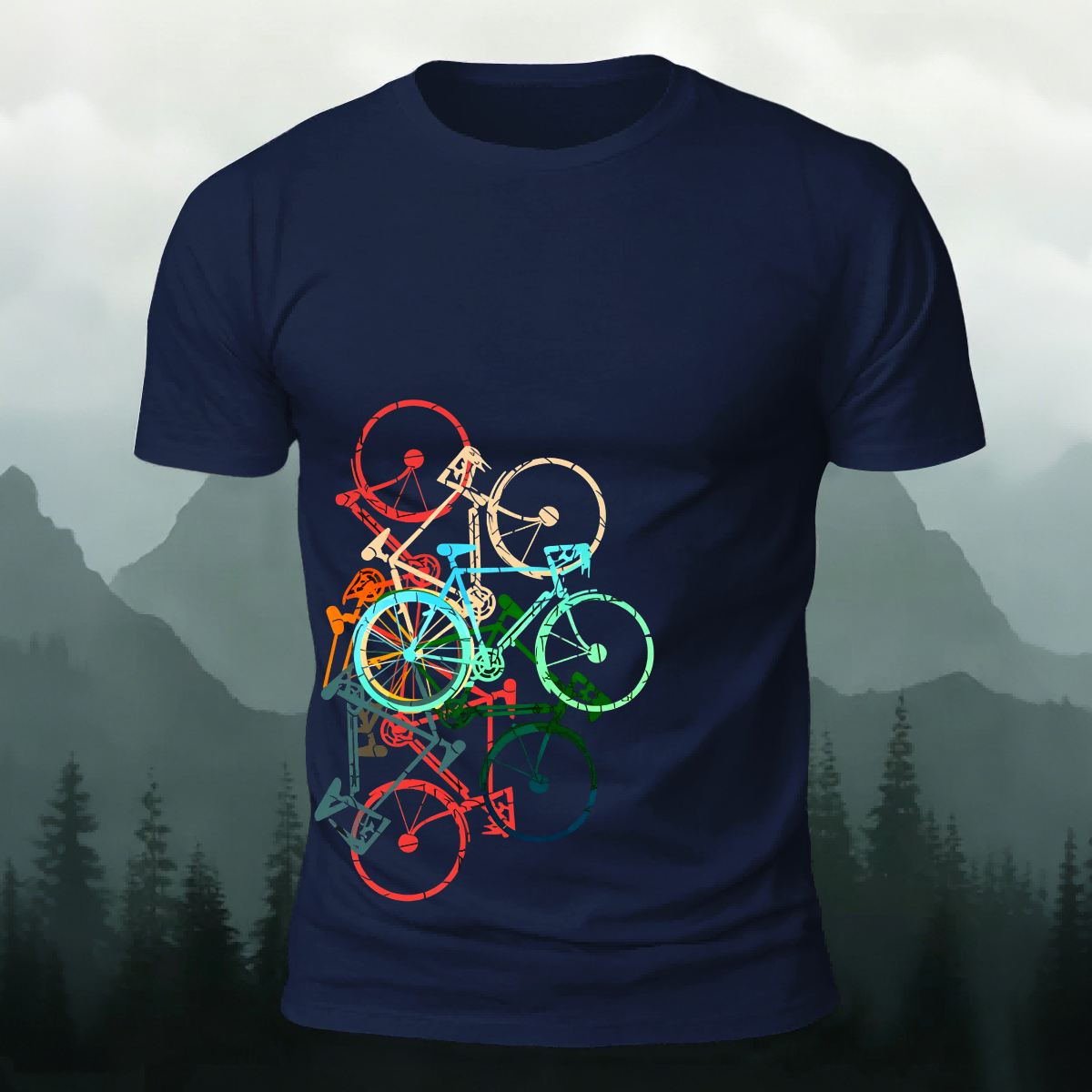 Colorful Bicycle Printed Soft-touch Feel Casual T-Shirt