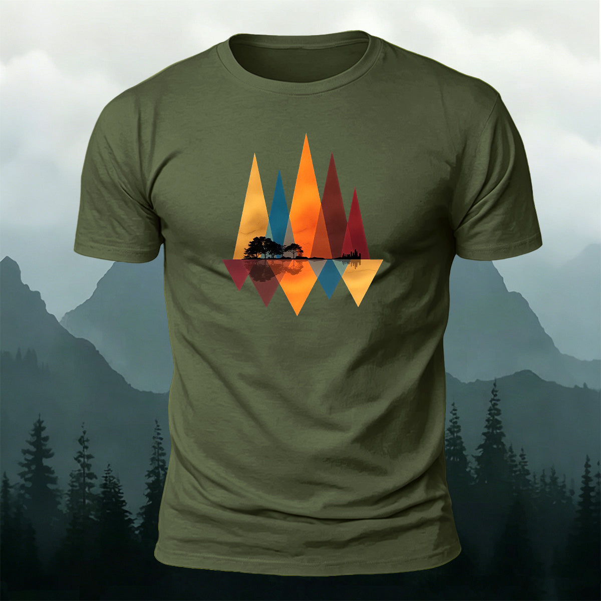 Geometric Mountain Reflection Print Cotton T-Shirt