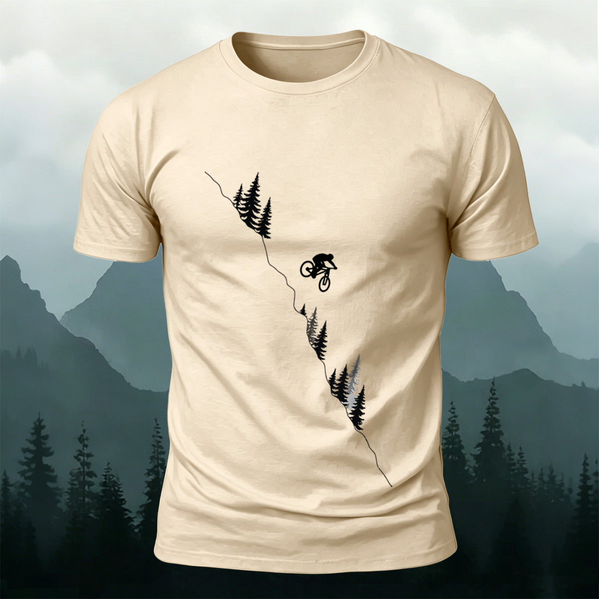 Mountain and Forest Cycling Silhouette Print  Cotton Outdoor T-Shirt