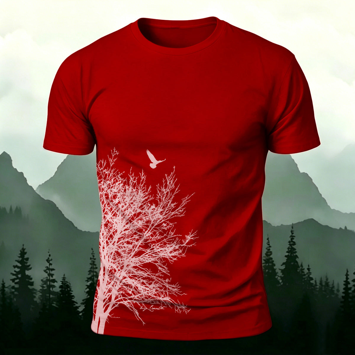 Minimalist  Tree Pattern Natural Style Casual T-Shirt Red