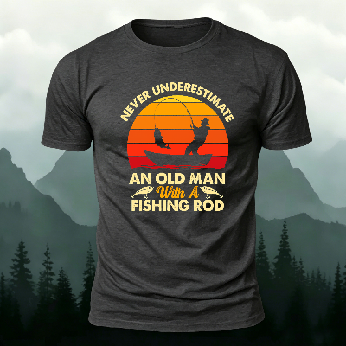 Enjoying Fishing Pattern Casual Daily Cotton T-shirt Dark grey