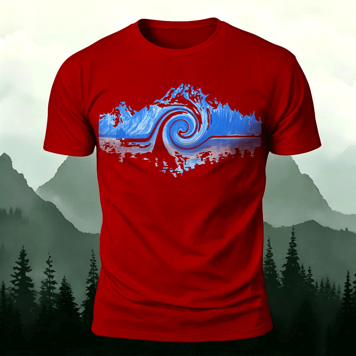 Abstract Landscape Print Premium Cotton Casual T-Shirt Red