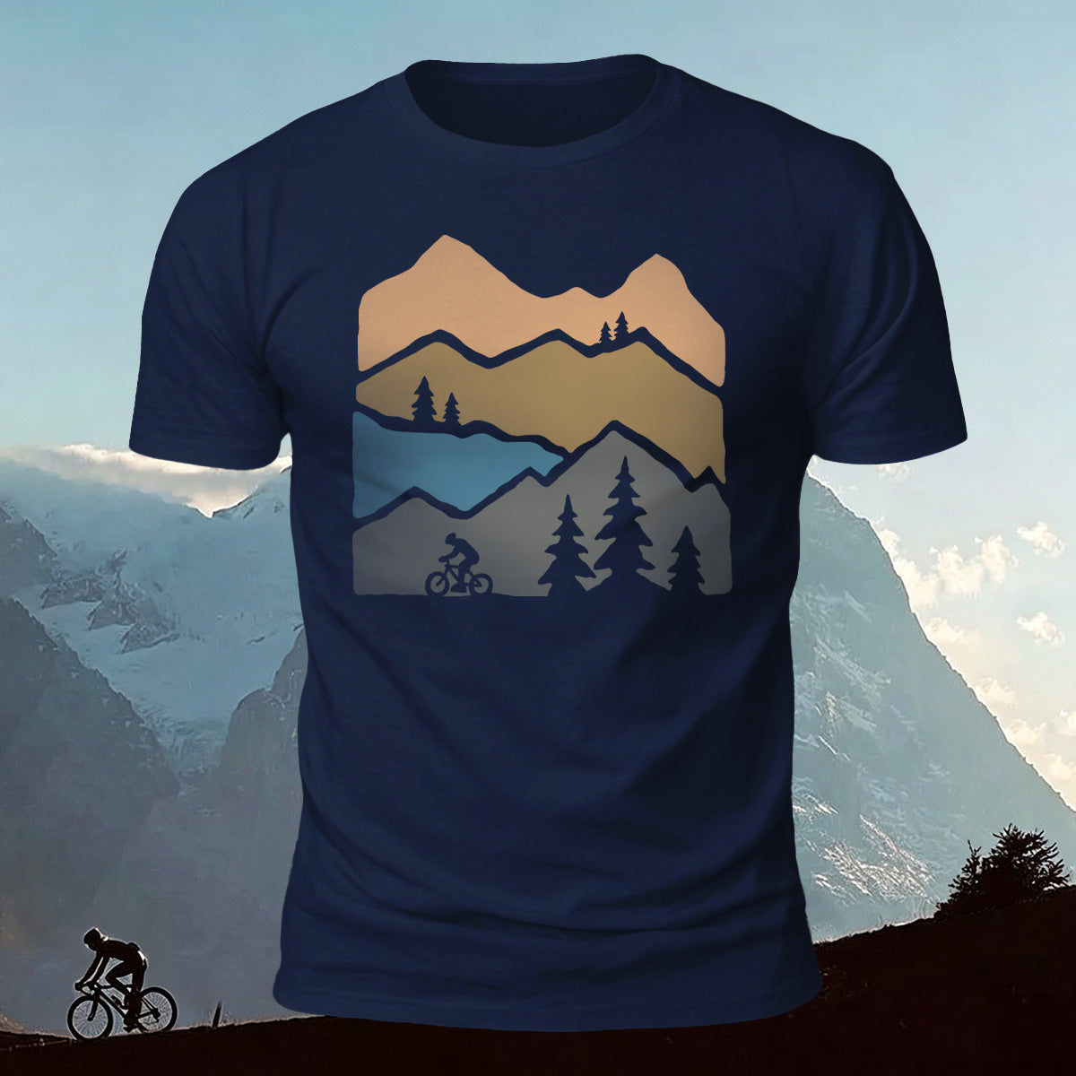 Mountain Biking Print Outdoor Casual Cotton T-Shirt Navy