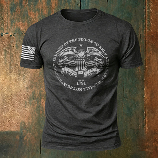 Memorial Print American-Style Casual Cotton T-Shirt Dark Grey