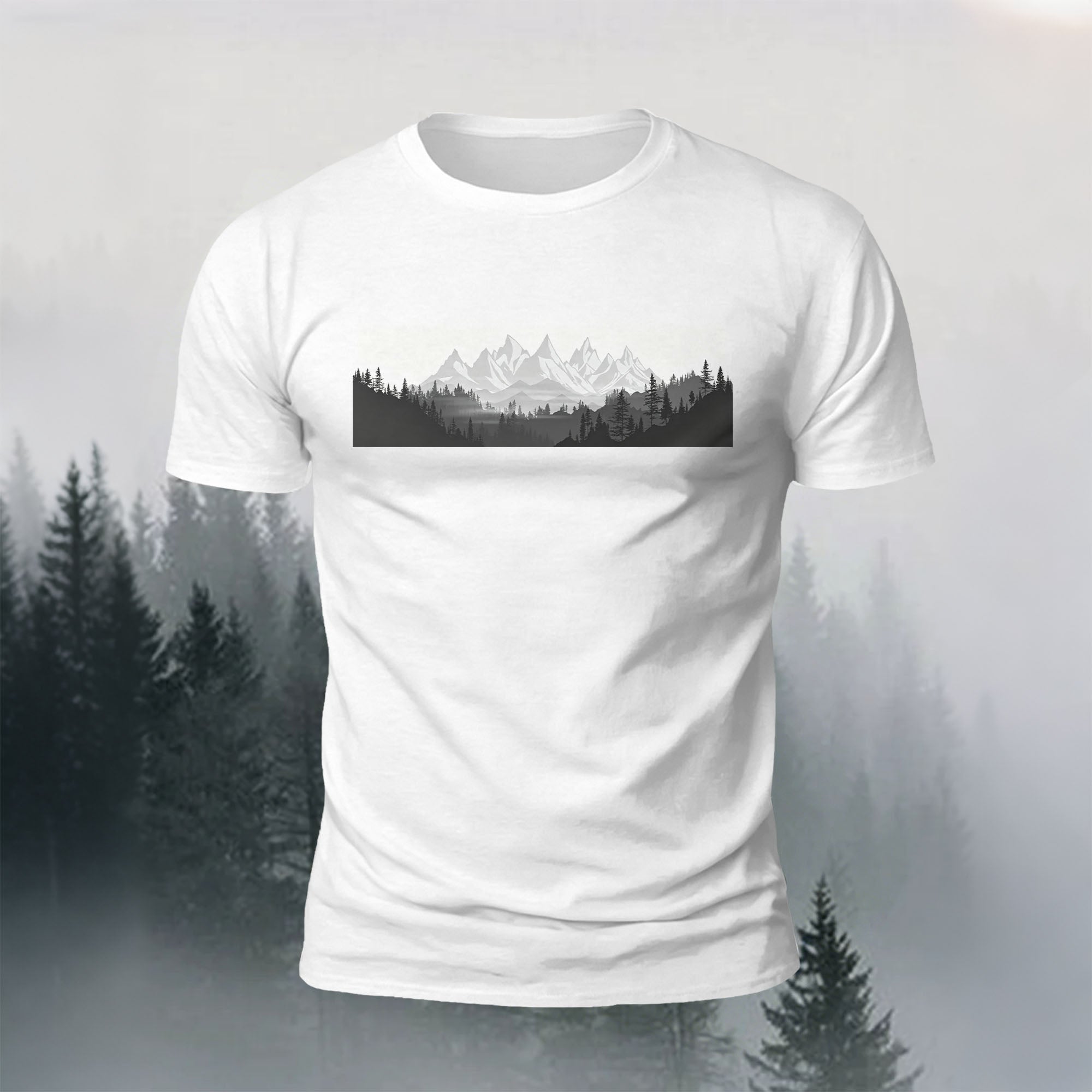 Mountain Forest Print Casual Comfortable T-Shirt White
