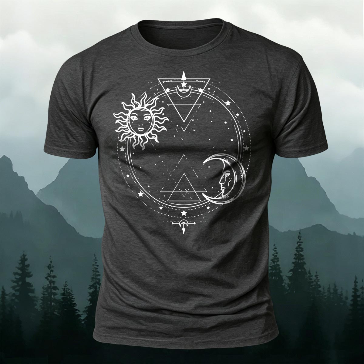 Sun and Moon Print Casual Cotton T-Shirt Dark Grey