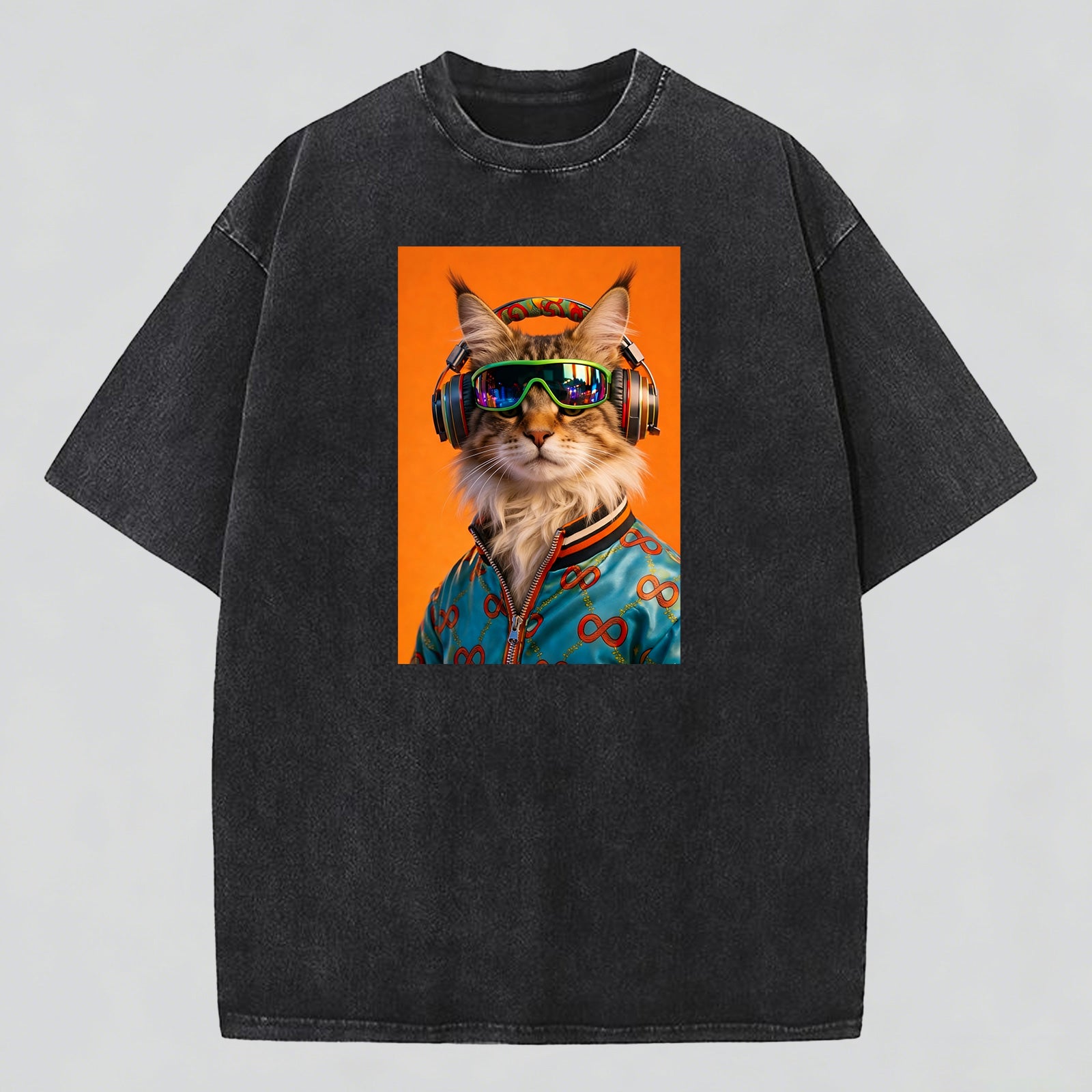 Cat Music Festival Water-Washed Cotton Crew Neck T-Shirt