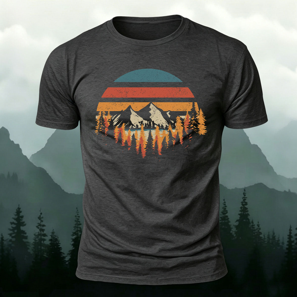 Mountain Landscape Pattern Retro Trend Cotton T-Shirt Dark Grey