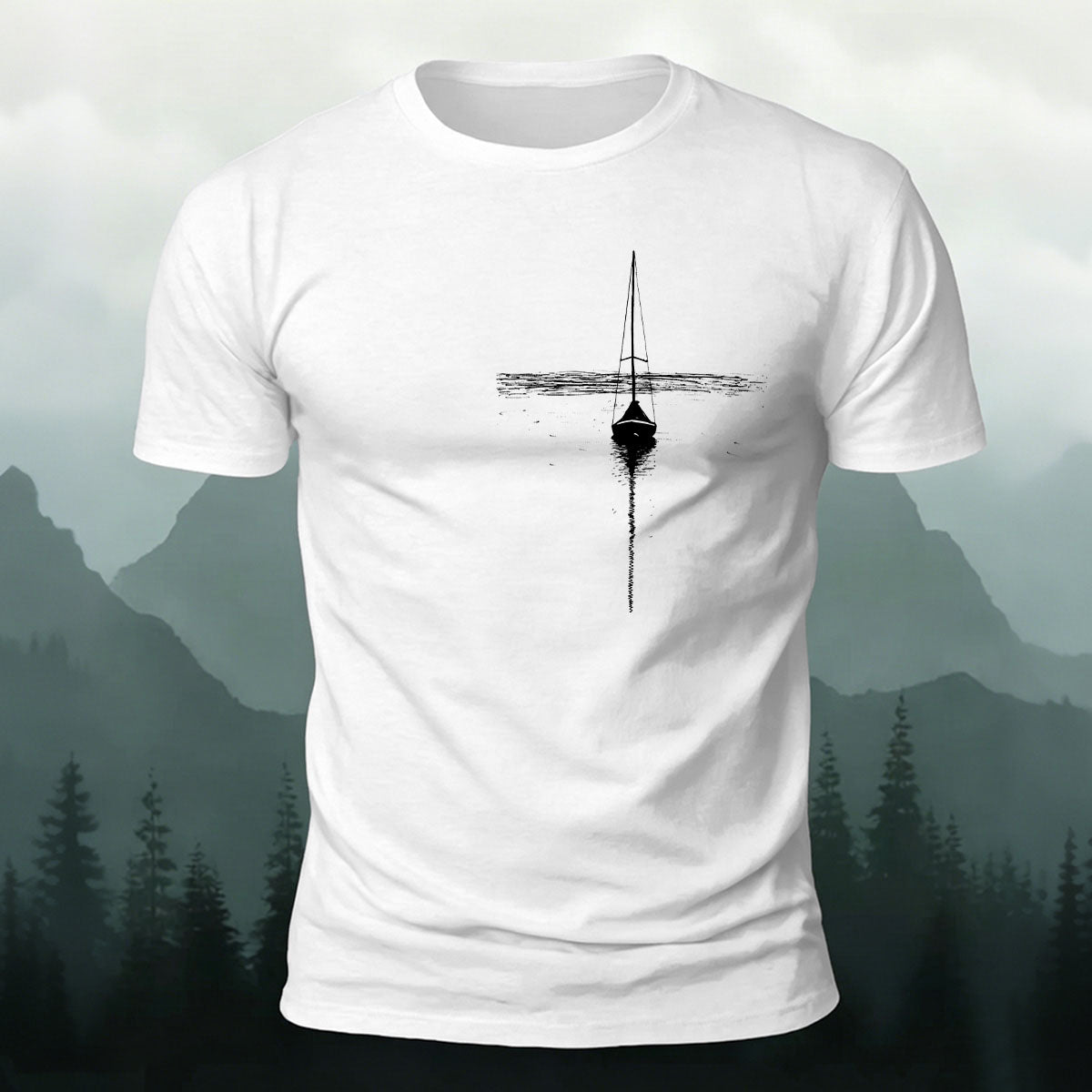 Silhouette of a Lonely Fishing Boat Print  Cotton T-Shirt