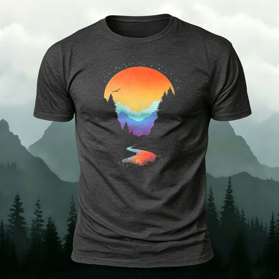 Sunset Scenery Printed Natural Style Skin-friendly T-Shirt Dark Grey