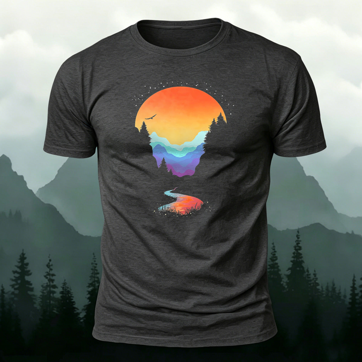 Sunset Scenery Printed Natural Style Skin-friendly T-Shirt Dark Grey