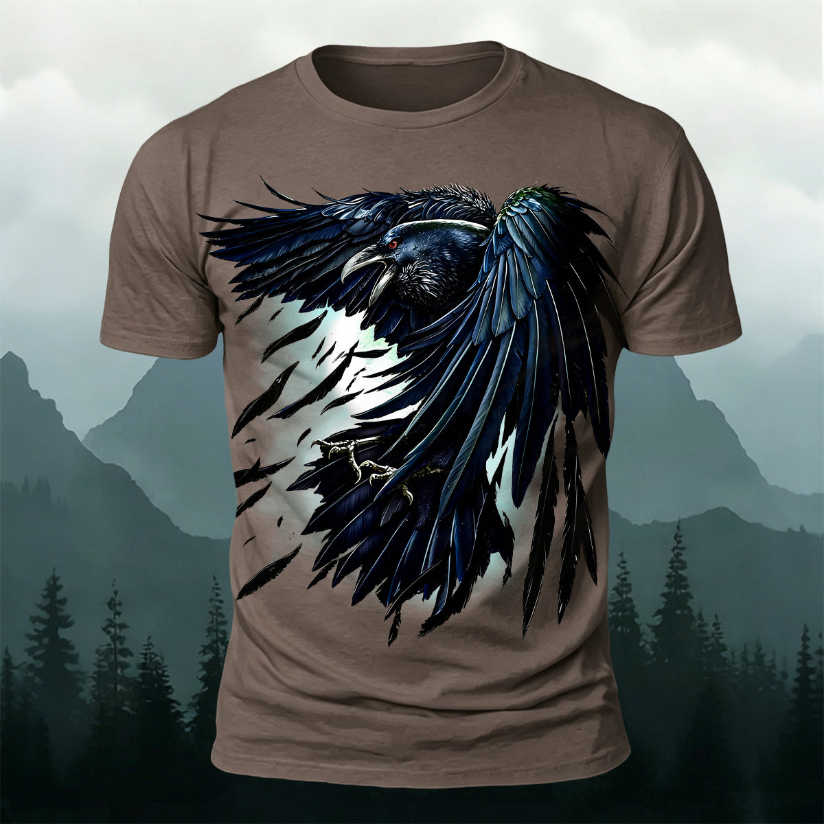 Retro Black Crow Feather Print Casual T-Shirt
