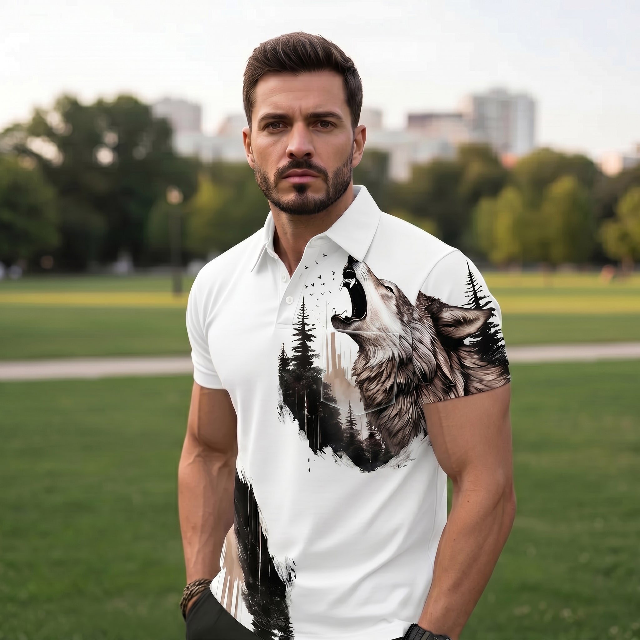 Wolf King Creative Print Casual and Versatile Polo Shirt
