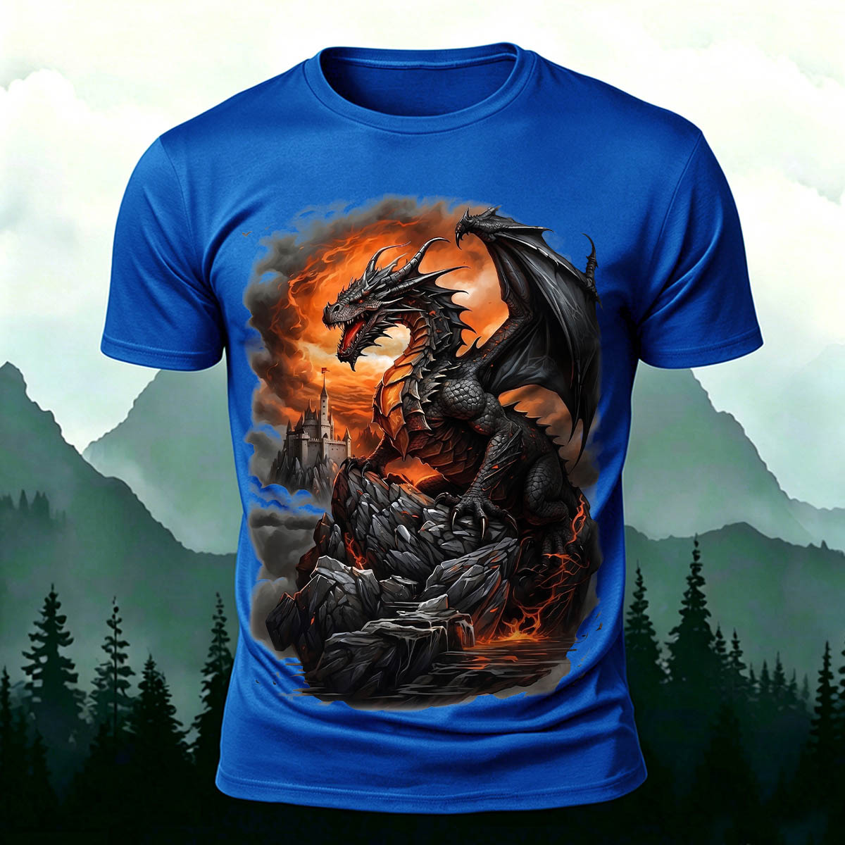 Dark Dinosaur Print Casual Crew Neck T-Shirt Navy