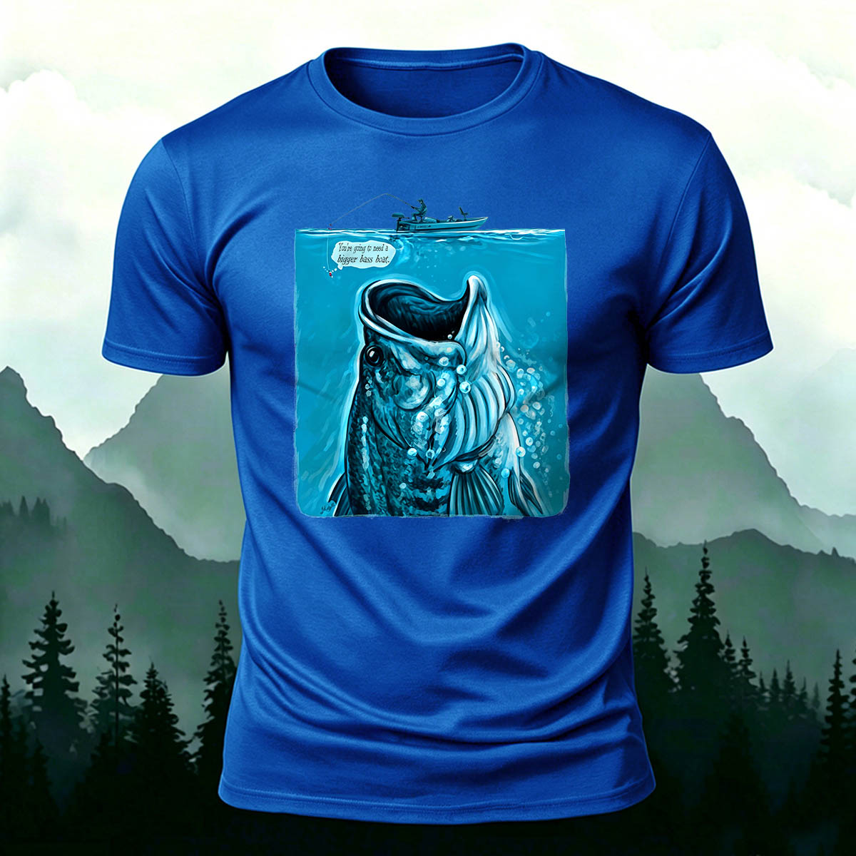 Black Bass Blue Print Casual Versatile Cotton T-Shirt