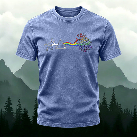 Washed Cotton Colorful Tree-Print Crew-Neck Casual Tee