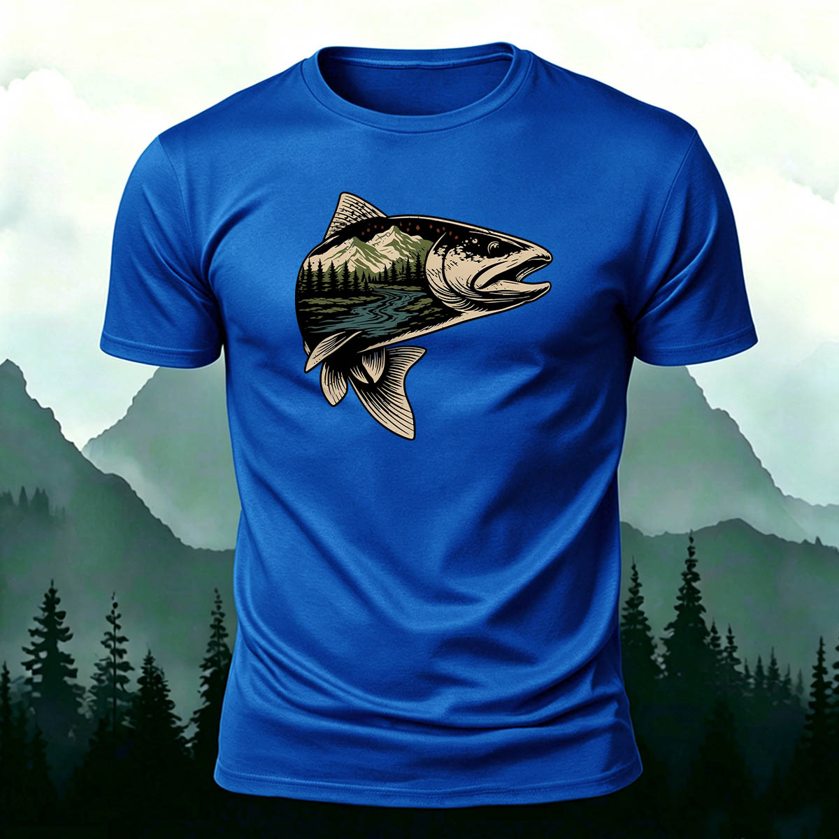 Trout Scenic Pattern Simple Casual Cotton T-Shirt