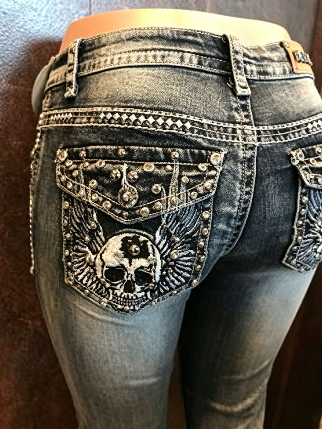Street Style Rhinestone Fit Skull Denim Long Pants
